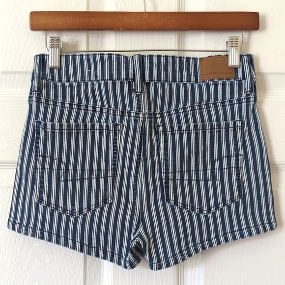 American Eagle Retro Striped Dark Wash High Waisted Shortie Jean Shorts 4 - Picture 11 of 12